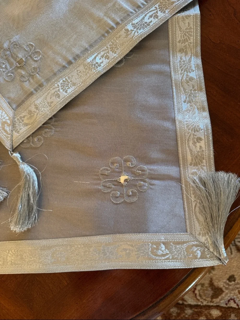 Silver Embroidered Table Runner with Tassels and Three Table Topper Set of 4